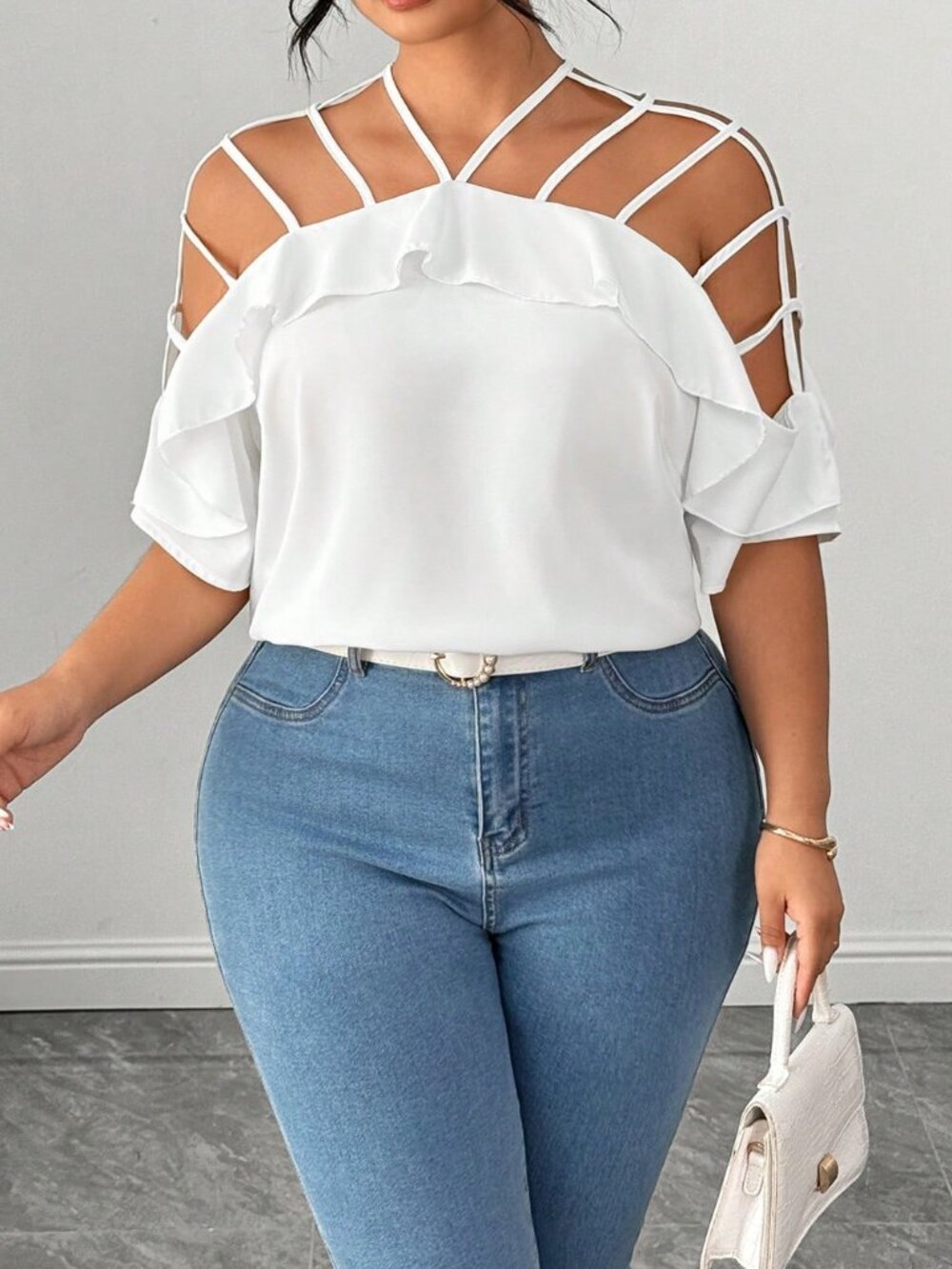 White Casual Women's Hollow Out Off Shoulder Short Sleeve Ruffle Blouse